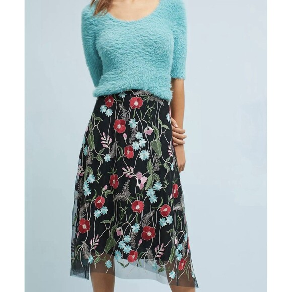 Anthropologie Skirt Sz 4 Eva Franco Poppy Midi Embroidered Asimetric Boho Floral - Picture 9 of 16